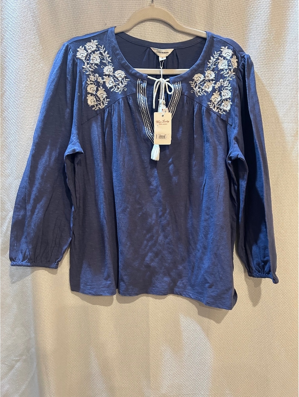 Lucky Brand Women's Blue Embroidered Long Sleeve Boho Top with Tassel Tie